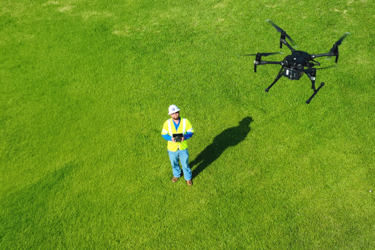 Photo of a PEC lineworker piloting a drone on a gassy lawn