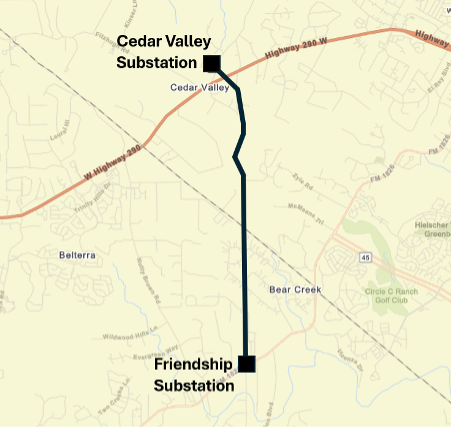 Map showing the route for the transmission project from Cedar Valley to Friendship substation.