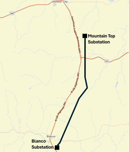 Map showing the route for the transmission lines from Mountain Top to Blanco substation.