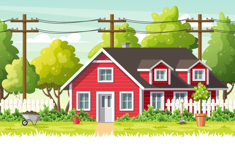 House and yard with power lines behind it