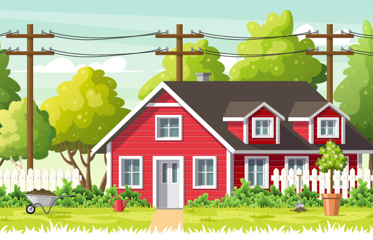 House and yard with power lines behind it