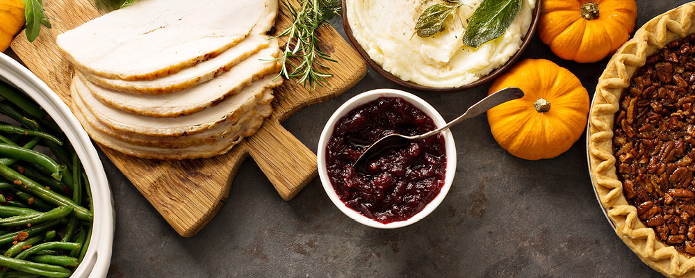 A Thanksgiving meal is set on the table.
