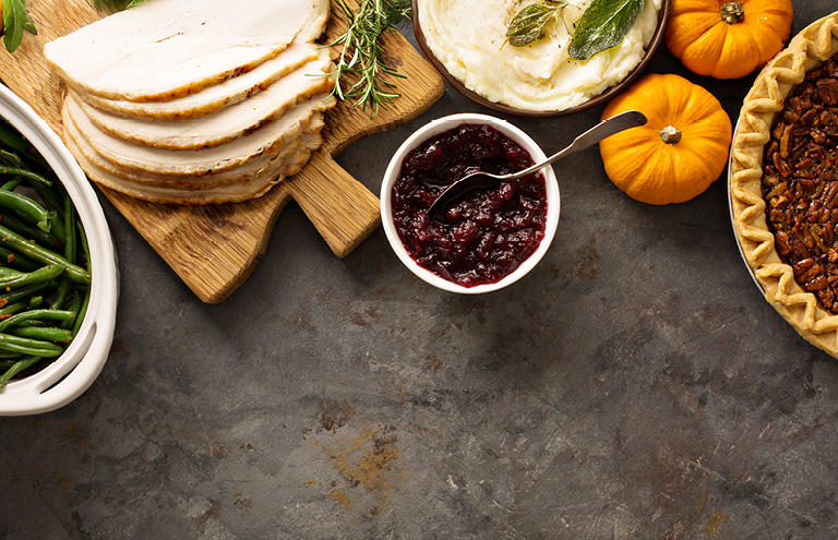 A Thanksgiving meal is set on the table.