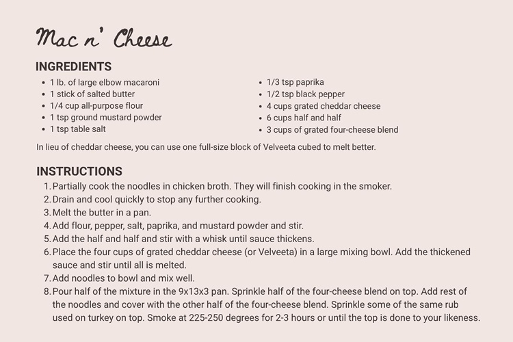 Recipe for Mac n' Cheese