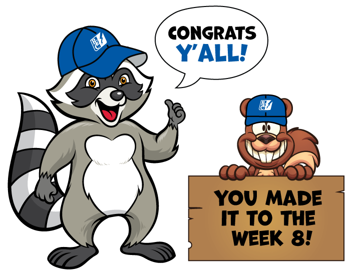 Wattson Raccoon and Sparky saying congratulations!