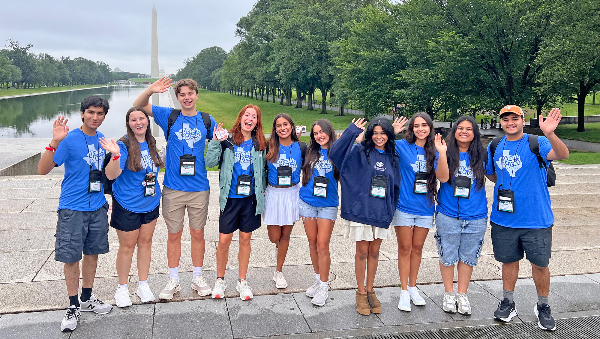 Photo of Youth Tour students in front of the Lincoln Memorial Reflecting Pool in Washington DC.