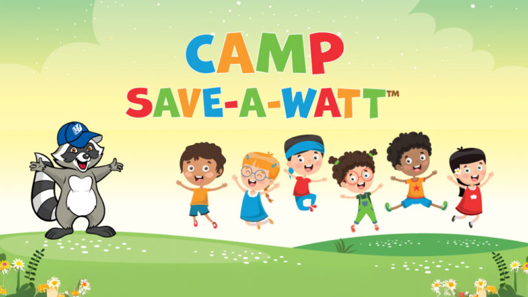 Graphic illustration of kids jumping with Wattson Raccoon.