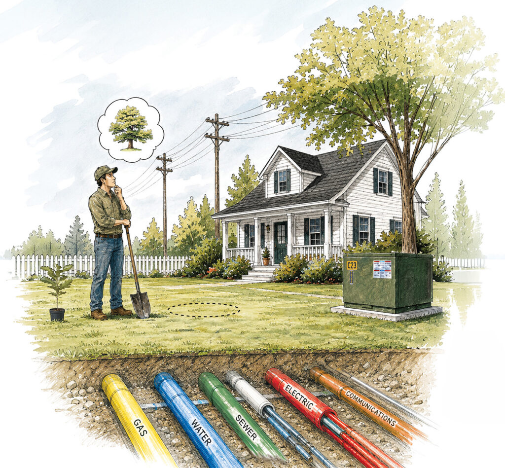 Illustration of man standing in yard lookin at trees
